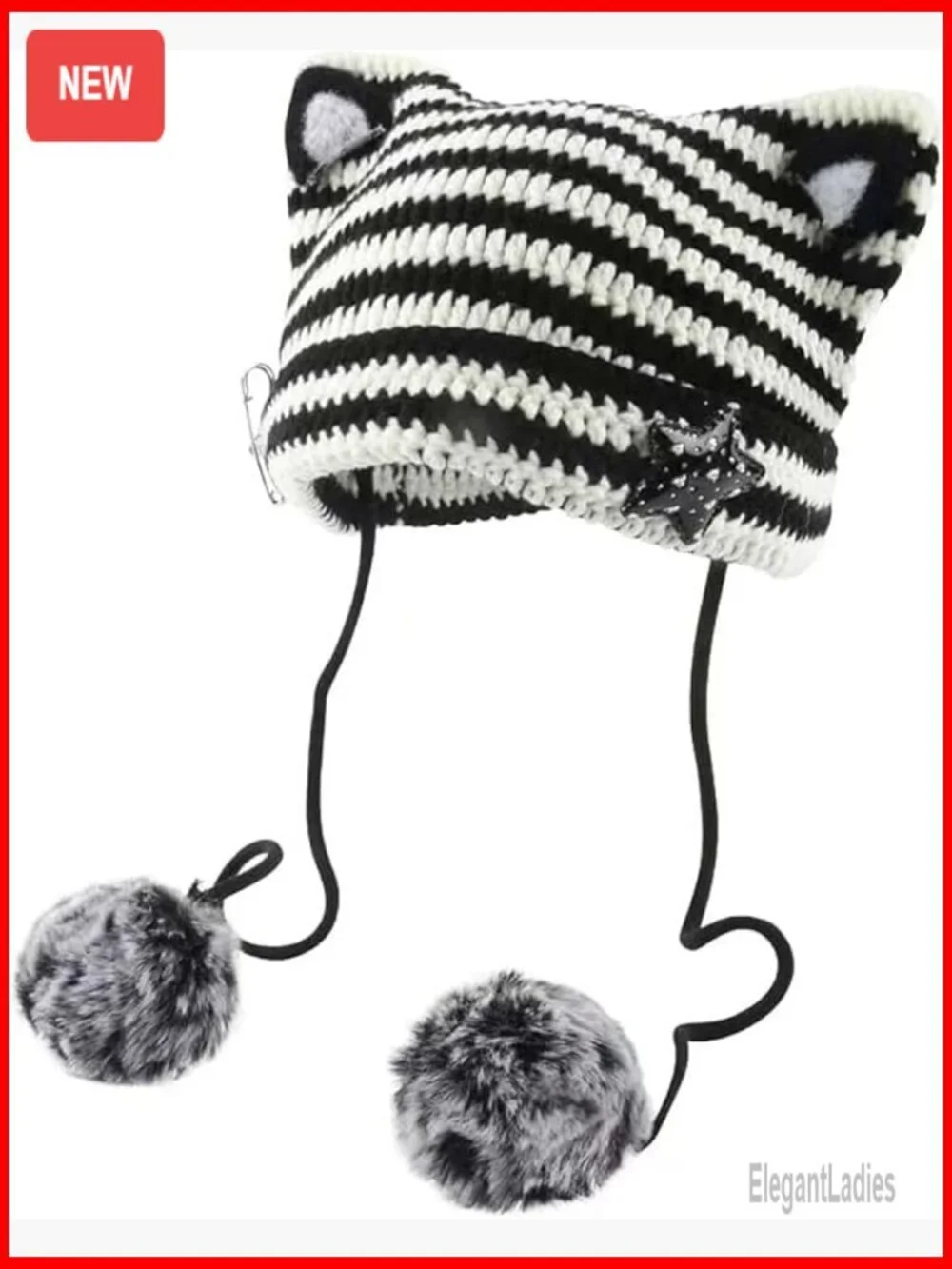 Y2K Crochet Beanie Cat Ear Star Grunge Aesthetic Pompoms Cute Kawaii Hat
